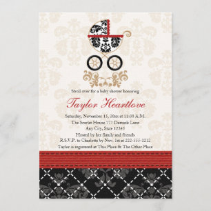 RED AND BLACK DAMASK BABY CARRIAGE BABY SHOWER INVITATION