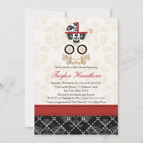 RED AND BLACK DAMASK BABY CARRIAGE BABY SHOWER INVITATION