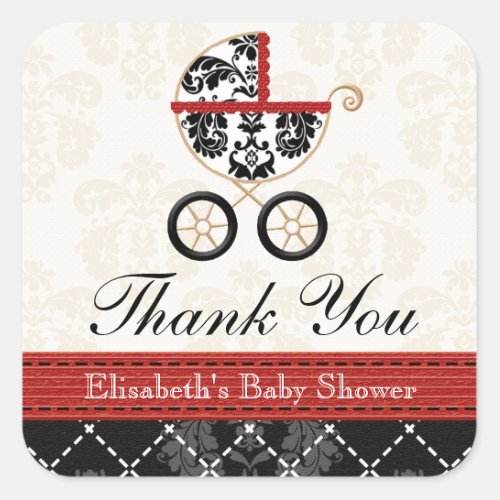 RED and Black Damask Baby Carriage Thank You Square Sticker