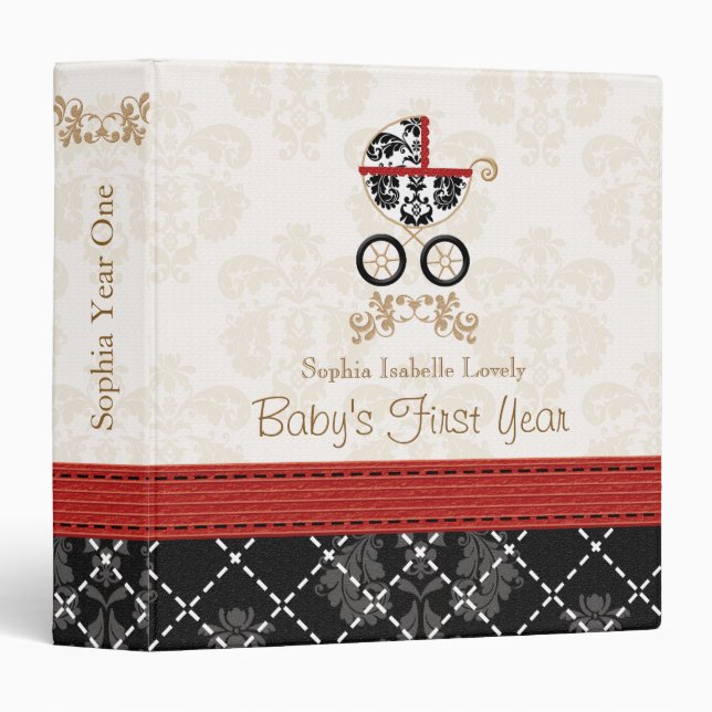 Red and Black DAMASK Carriage Baby Photo Album 3 Ring Binder (Front/Spine)