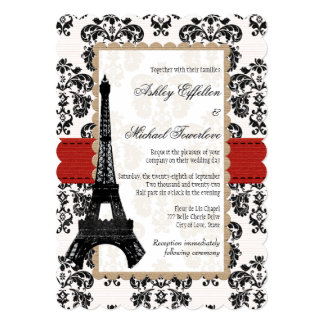 Red and Black Damask Eiffel Tower Wedding Card