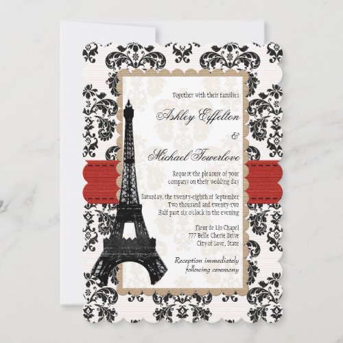 Red and Black Damask Eiffel Tower Wedding Invitation