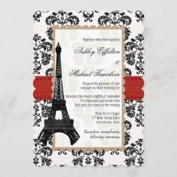 Red And Black Damask Eiffel Tower Wedding Invitation by OccasionInvitations at Zazzle