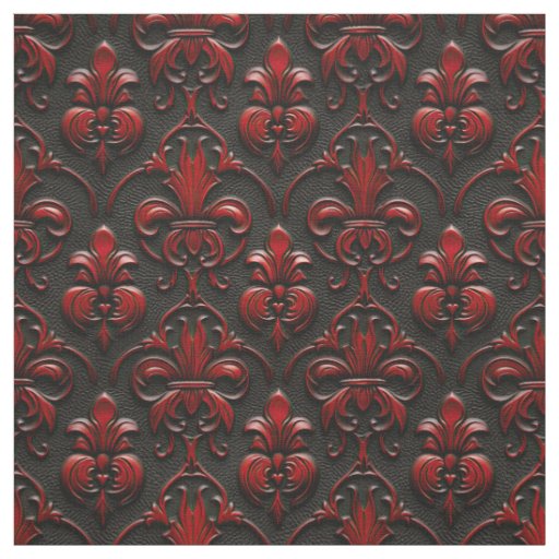 Red and Black Damask Faux Embossed  Fabric