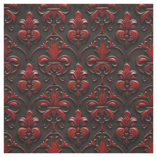 Red and Black Damask Faux Embossed  Fabric (Swatch)