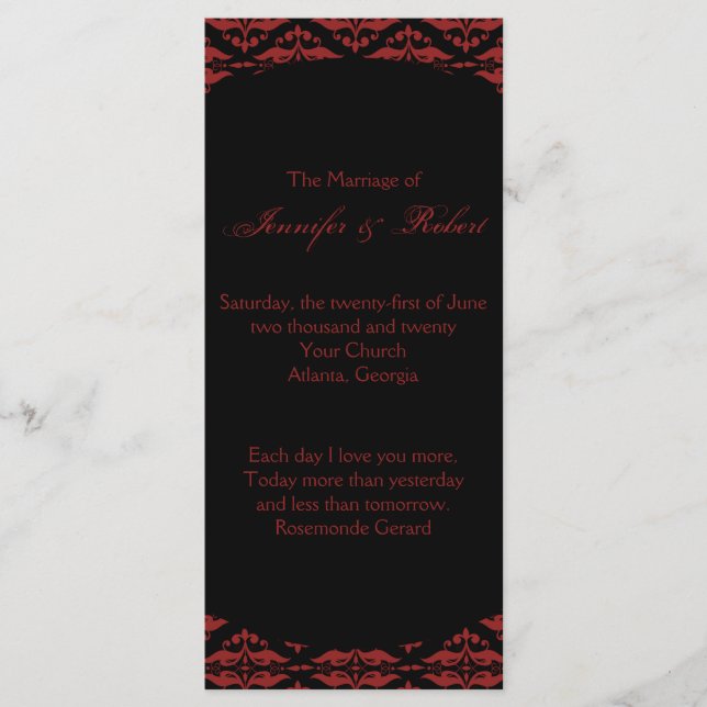Red and Black Damask Gothic Wedding Program (Front)