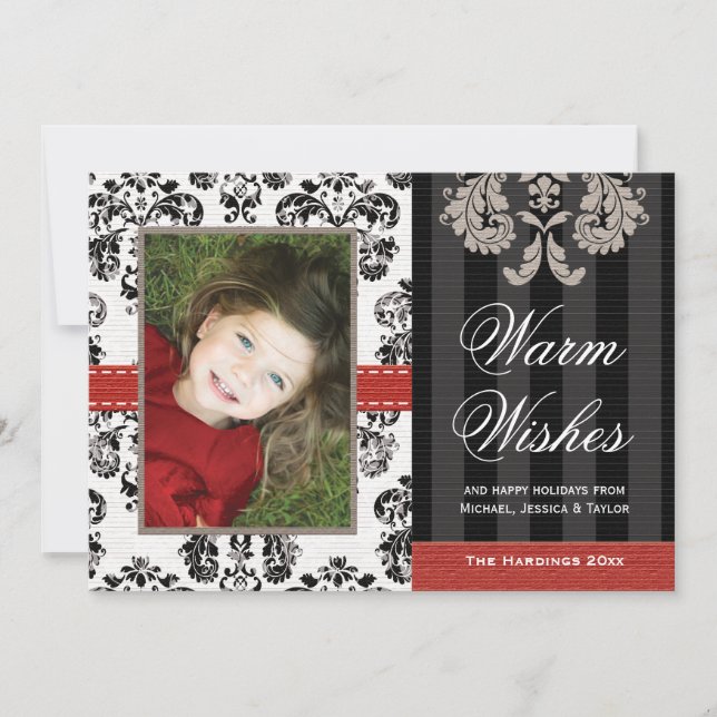 Red and Black Damask Holiday Photo Card (Front)