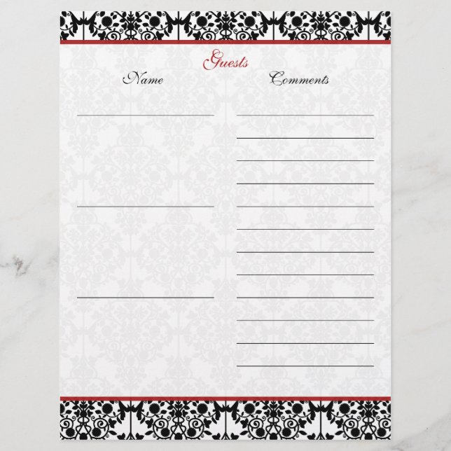 Red and Black Damask Linen Guest Book Paper (Front)