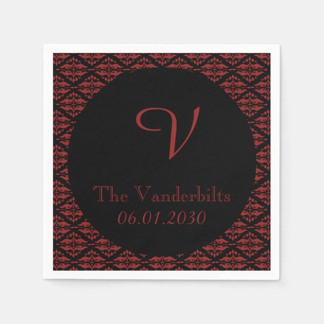Red and Black Damask Monogram Wedding Paper Napkins (Front)