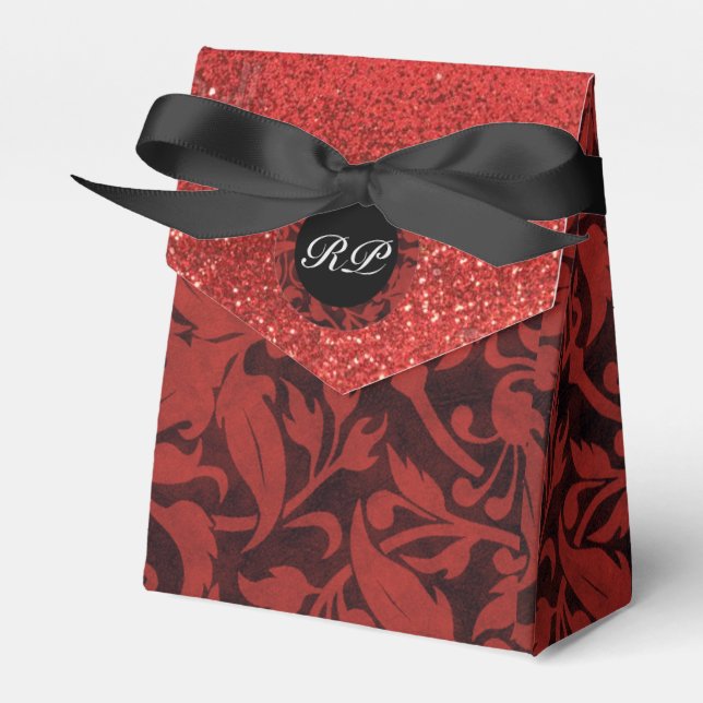Red and Black Damask Pattern Monogram Favor Box (Front Side)