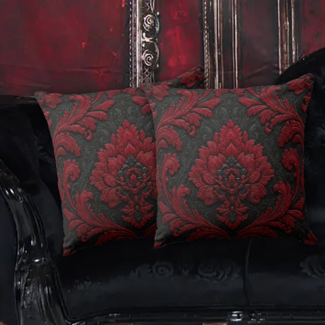 Red and Black Damask Patterned Throw Pillow (Creator Uploaded)