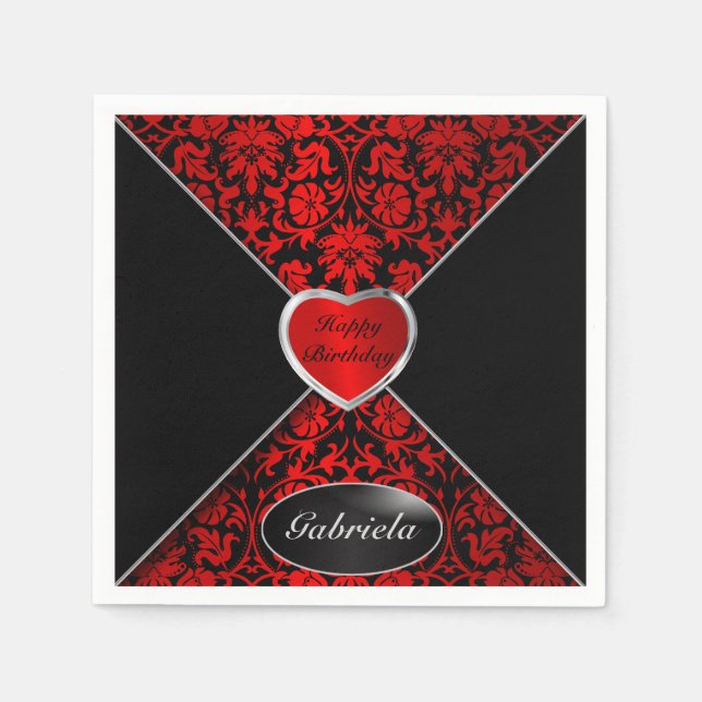 Red and Black Damask | Personalize Napkins (Front)