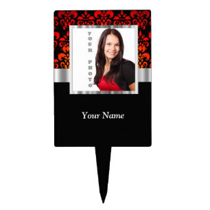 Red and black damask photo template cake topper