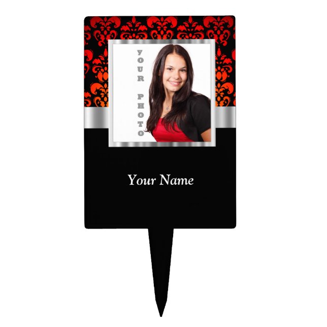 Red and black damask photo template cake topper (Front)