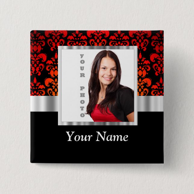 Red and black damask photo template pinback button (Front)