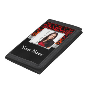 Red and black damask photo template trifold wallet