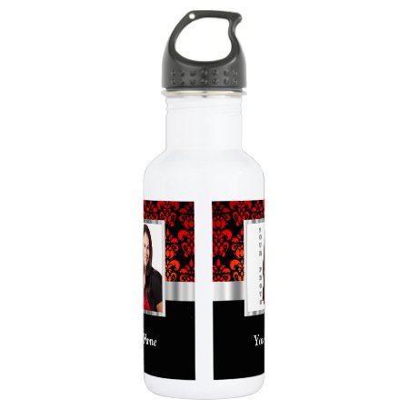 Red And Black Damask Photo Template Water Bottle