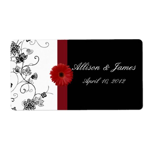 Red and Black Damask Red Gerbera DaisyWine Label