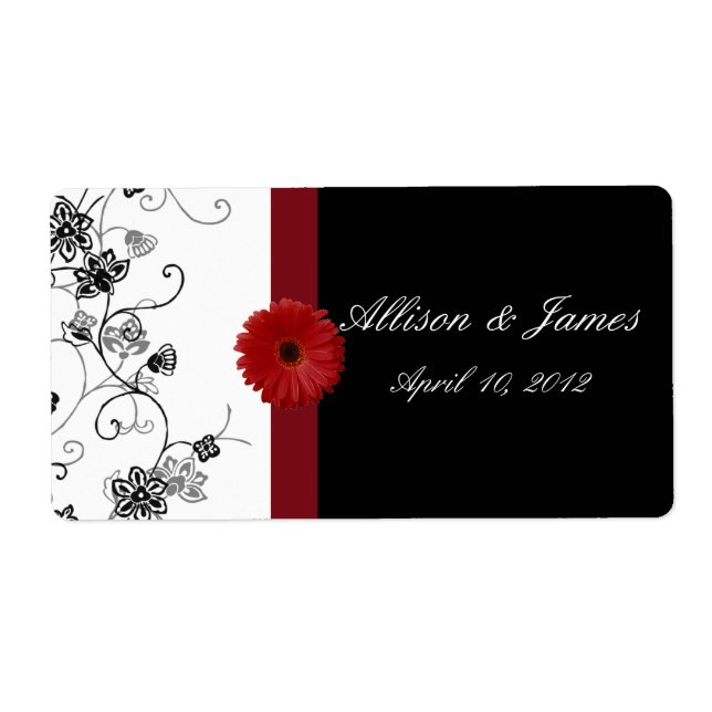 Red and Black Damask Red Gerbera DaisyWine Label (Front)