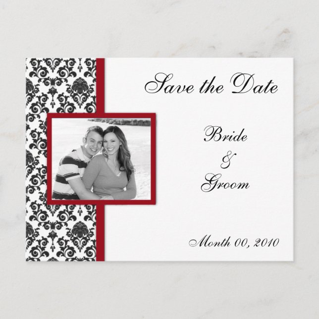 Red and Black Damask Save the Date Photo Postcards (Front)