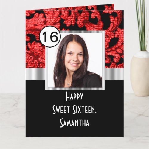 Red and black damask sweet sixteen thank you card