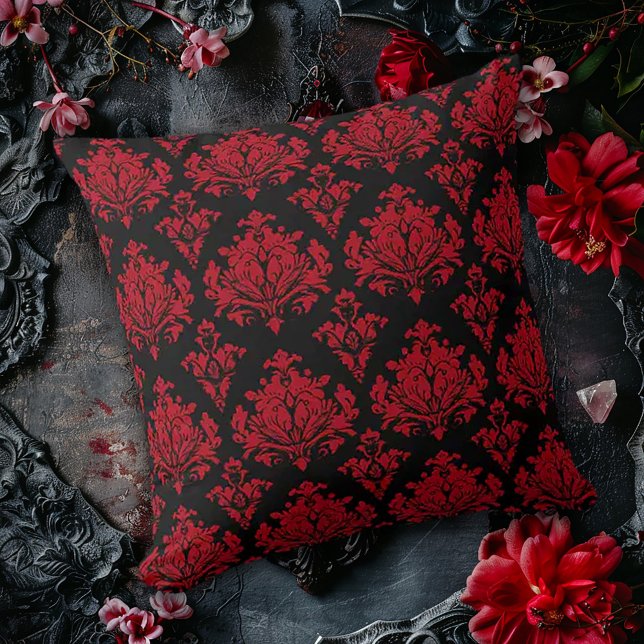 Red and Black Damask Throw Pillow (Creator Uploaded)