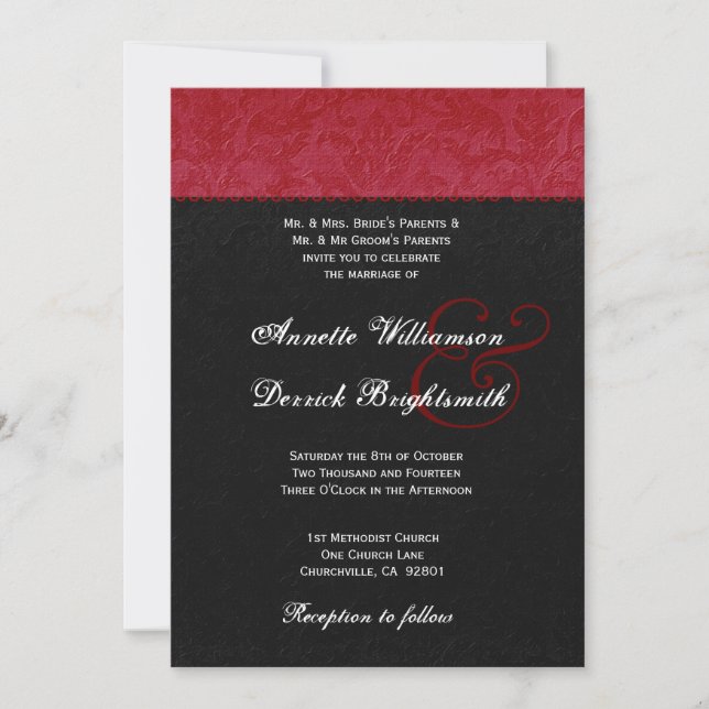 Red and Black Damask Wedding B734 Invitation (Front)
