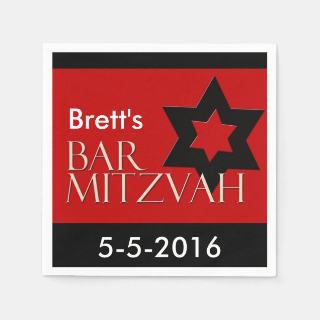 Red and Black Designer Bar Mitzvah Napkins (Front)
