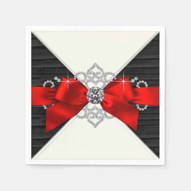 Red and Black Diamond Bow Party Paper Napkins (Front)