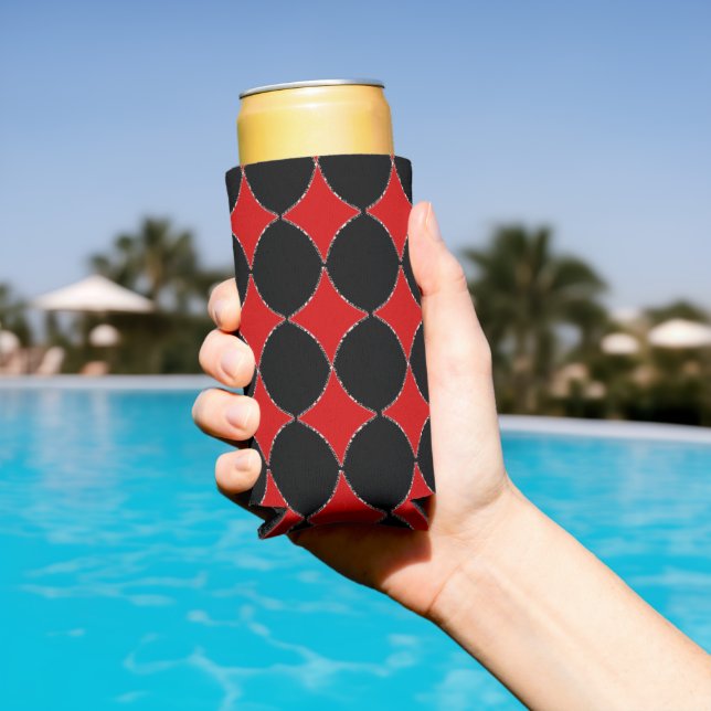 Red and black diamond shapes pattern seltzer can cooler (In Situ Pool)