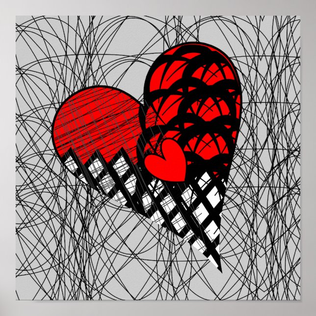 Red and Black Doodle Heart Funky Picture Poster (Front)