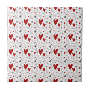 Red and Black Doodle Hearts Love  Ceramic Tile