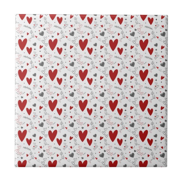 Red and Black Doodle Hearts Love  Ceramic Tile (Front)