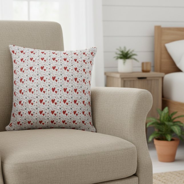 Red and Black Doodle Hearts Love  Throw Pillow (cute red and black hearts doodles accent pillow for her valentines theme bedroom decor)
