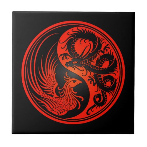 Red and Black Dragon Phoenix Yin Yang Ceramic Tile
