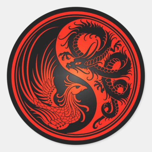 Red and Black Dragon Phoenix Yin Yang Classic Round Sticker