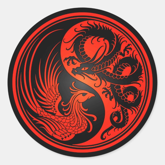 Red and Black Dragon Phoenix Yin Yang Classic Round Sticker | Zazzle