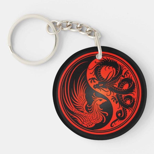 Red and Black Dragon Phoenix Yin Yang Keychain (Front)