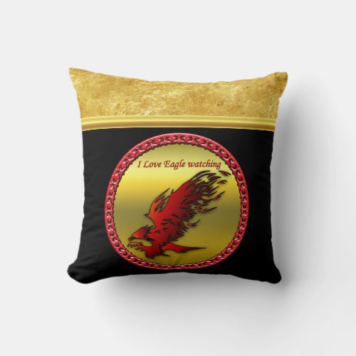 Red and black eagle hawk falcan gold foil texture throw pillow