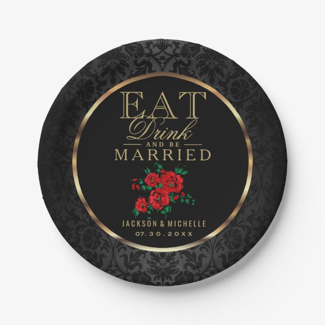 Red and Black - Eat, Drink and Be Married Paper Plates (Front)