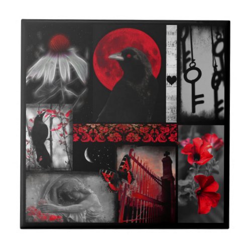 Red And Black Eclectic Crow Art Ceramic Tile