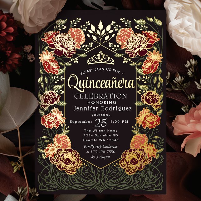 Red and Black Enchanted Garden Floral Quinceanera  Foil Invitation (Creator Uploaded)