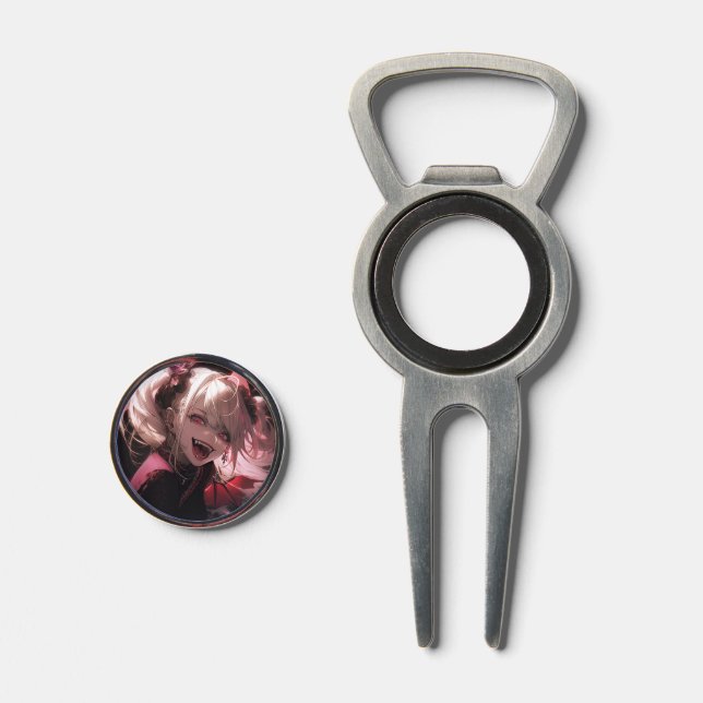 Red and Black Fanged Smile Vampire Anime Girl Divot Tool (Front (Open))