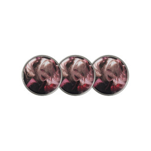 Red and Black Fanged Smile Vampire Anime Girl Golf Ball Marker