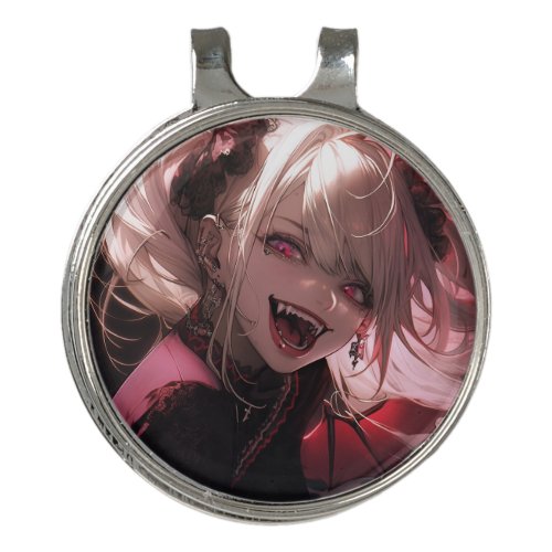 Red and Black Fanged Smile Vampire Anime Girl Golf Hat Clip