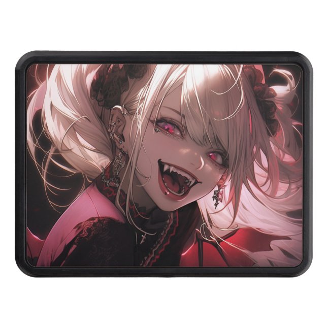 Red and Black Fanged Smile Vampire Anime Girl Hitch Cover (Front)