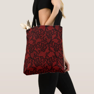 Red And Black Faux Lace Tote Bag