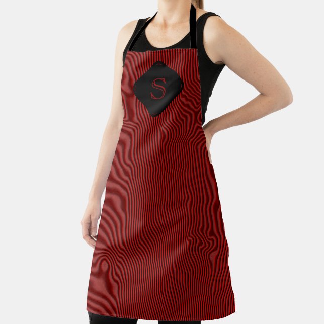 Red and black fine vertical stripes monogram apron (Insitu)