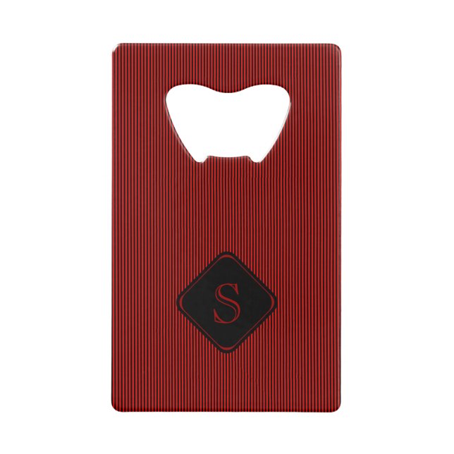 Red and black fine vertical stripes monogram credit card bottle opener (Front)