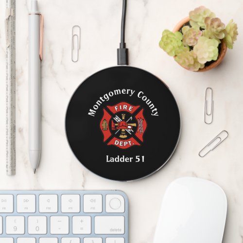 Red and Black Fire Department Logo Custom  Wireless Charger